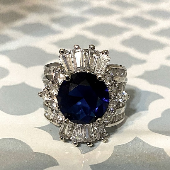 Blue Sapphire Sterling Silver Baguette Crown Statement Ring - Picture 3 of 14
